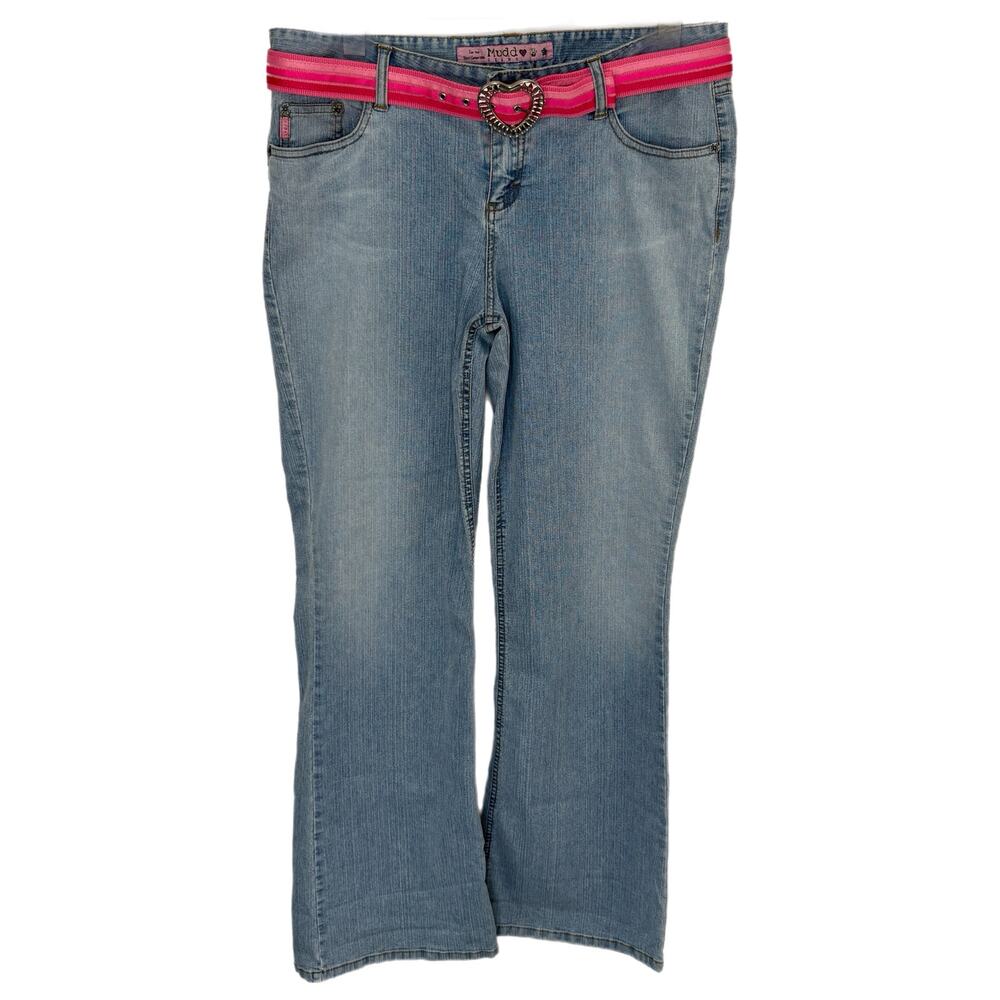 Y2K Mudd Flare Jeans Bright Pink Heart Shape Belt - Women's Size 13